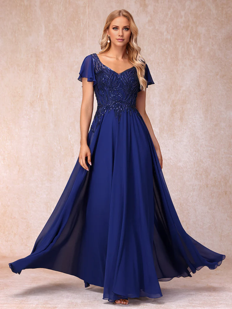 Dark Navy Beaded V-Neck A-Line Chiffon Floor-Length Gown