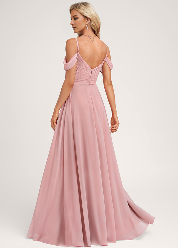 Abito da damigella d'onore in chiffon lungo fino a terra, con spalle scoperte e linea ad A