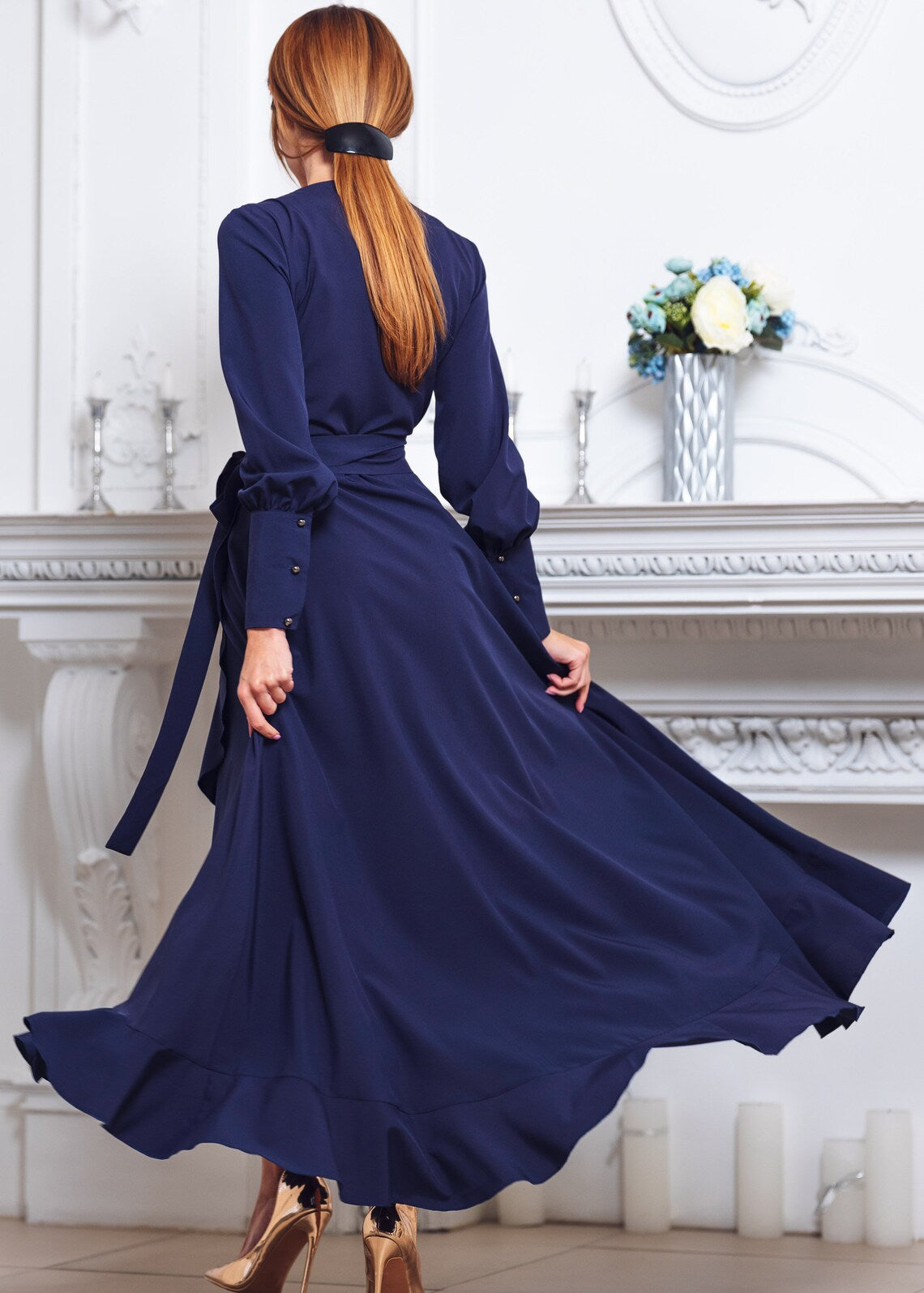 Vestido de fiesta Jimiss tipo A con escote en V, manga larga, abertura lateral y largo hasta el suelo 
