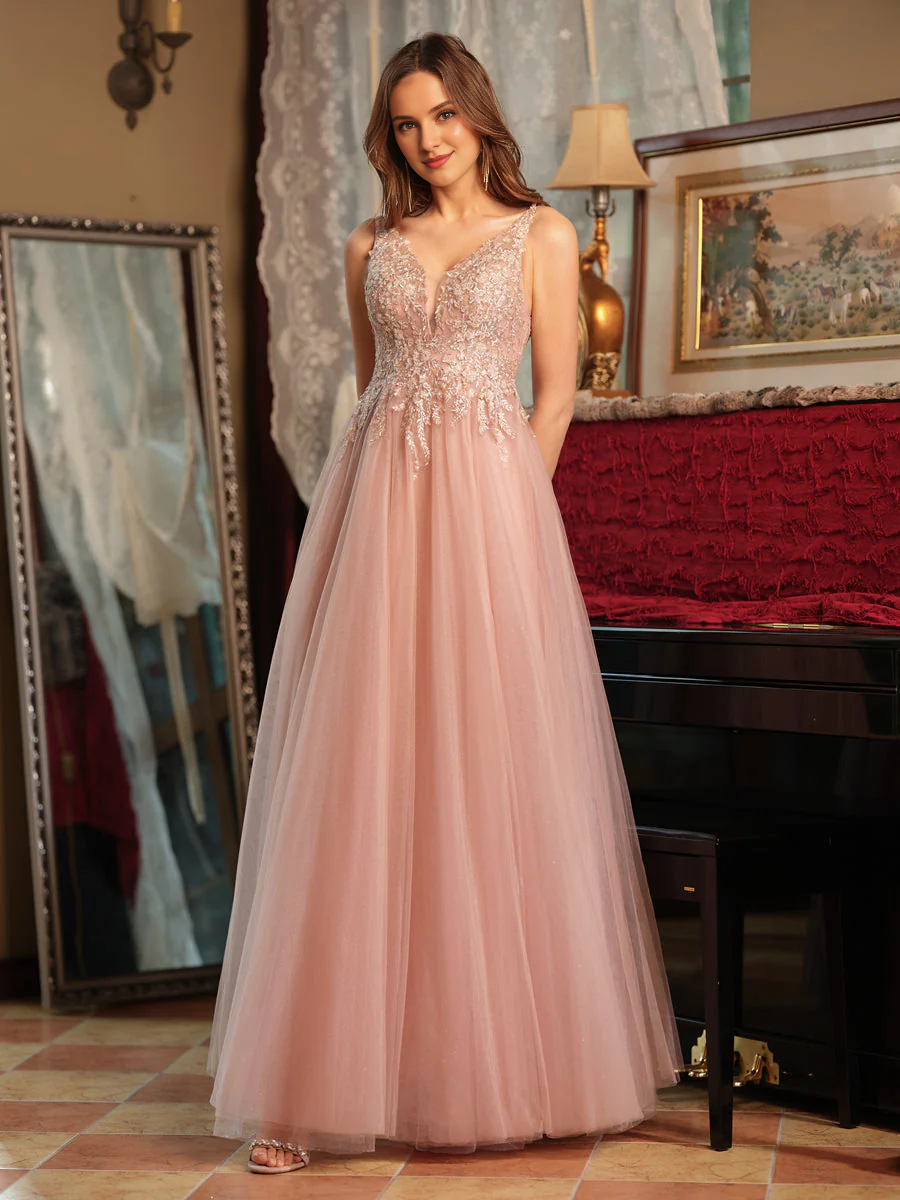 Dusty Rose Tulle A-Line Floor-Length Prom & Evening Dress with Embroidered V-Neck