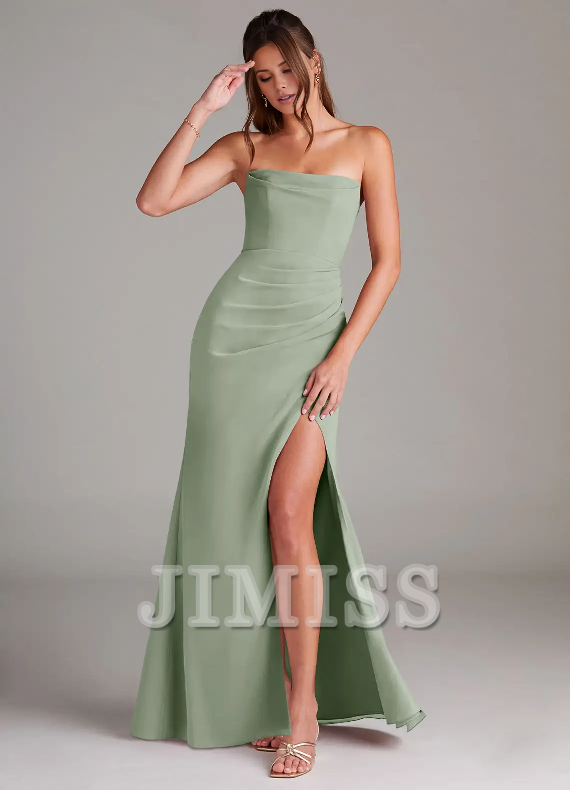 Vestido de dama de honor sin tirantes, con hombros descubiertos, abertura lateral, espalda descubierta y largo hasta el suelo - Vestido Jimiss 