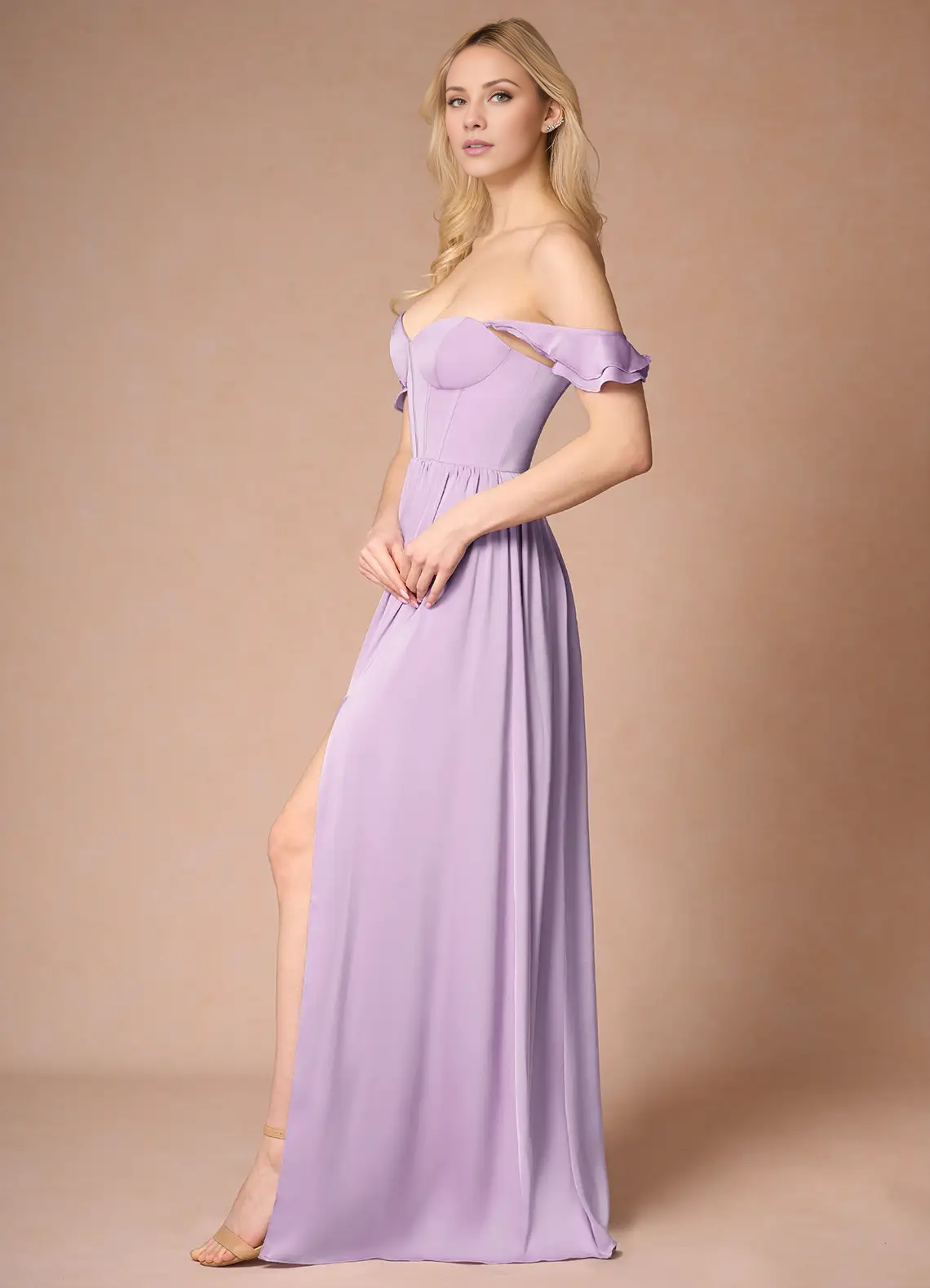 Vestido de fiesta Jimiss de corte A con hombros descubiertos, abertura lateral, espalda descubierta y largo hasta el suelo 