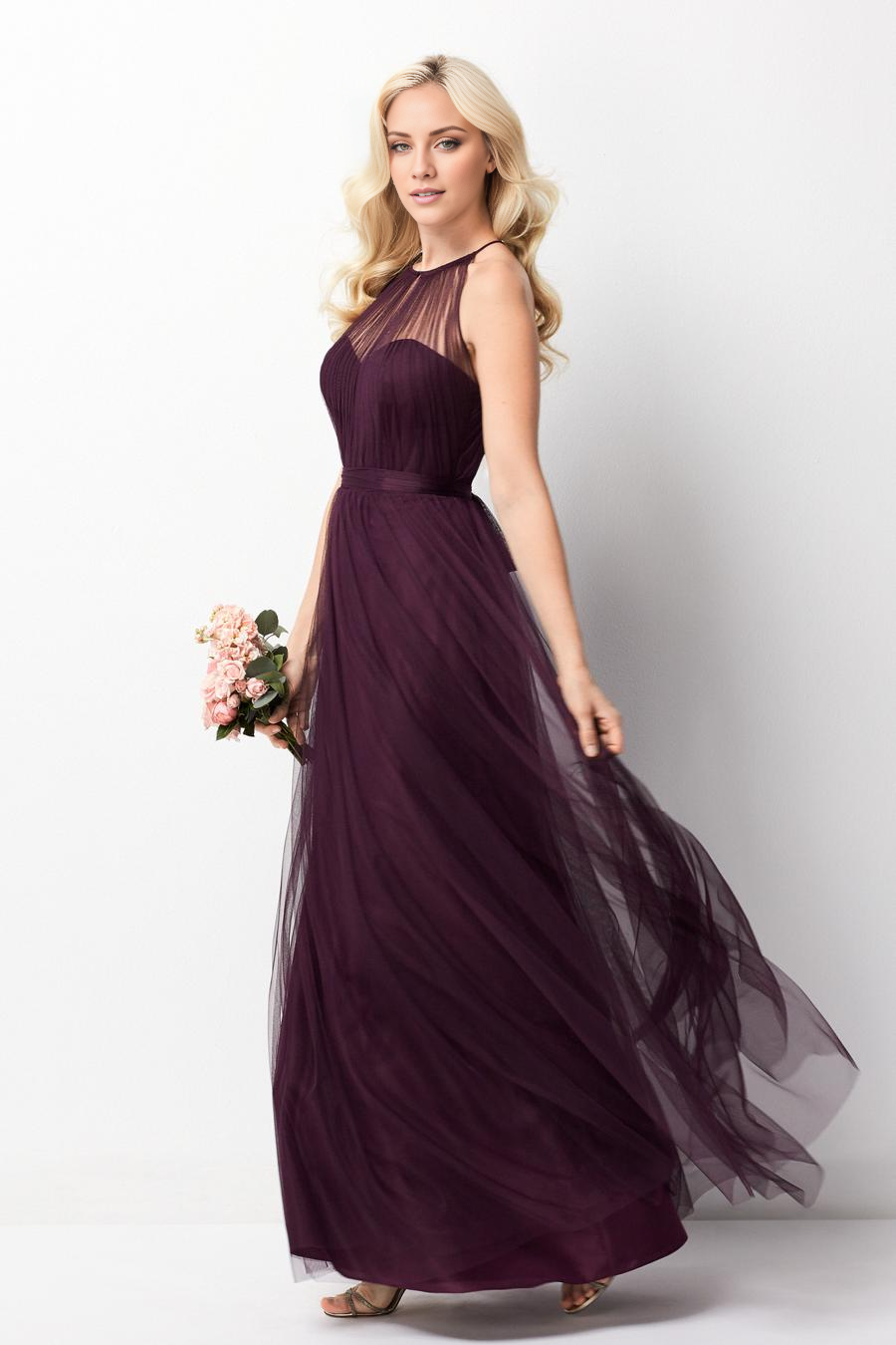 Burgundy Tulle A-Line Floor-Length Bridesmaid Dress with Halter Neckline