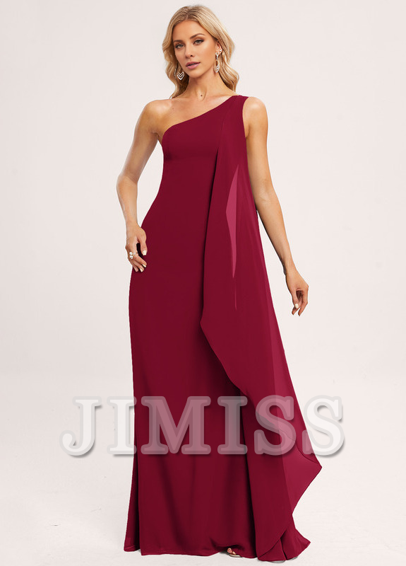 Vestido de dama de honor de gasa con volantes, corte A, un hombro al aire y largo hasta el suelo