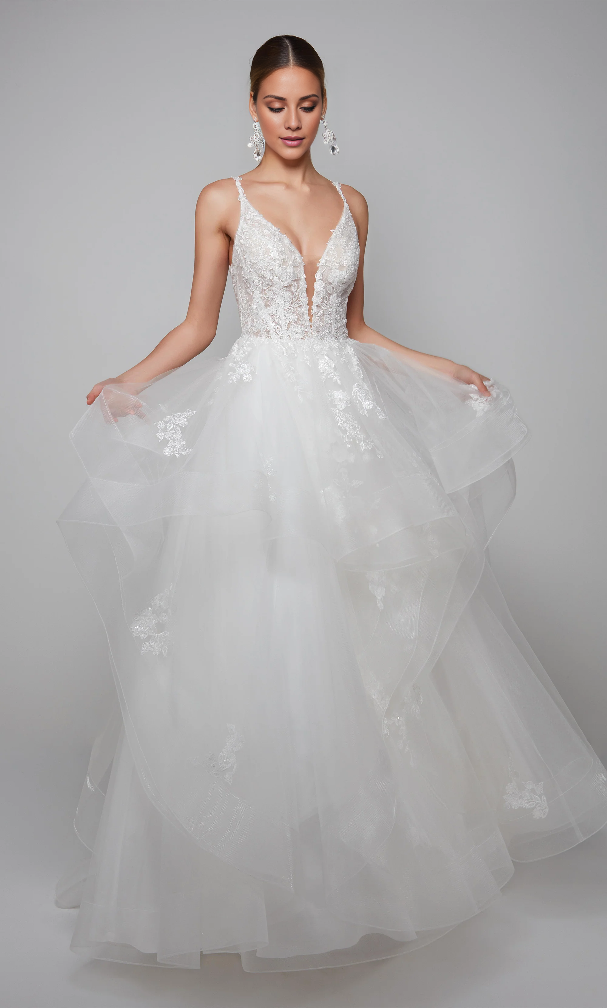 Vestido de novia largo hasta el suelo con corsé transparente ajustado y escote en V profundo con encaje de gasa fina y espalda atada