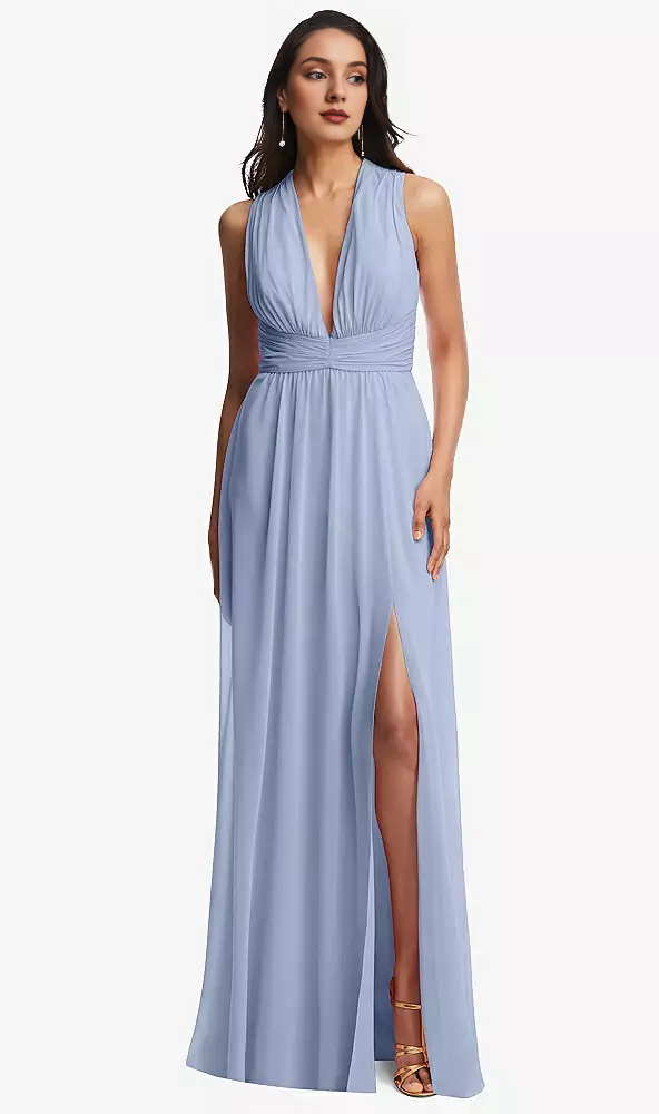 Vestido de fiesta largo de gasa con escote en V profundo y espalda descubierta en crepé paralelo