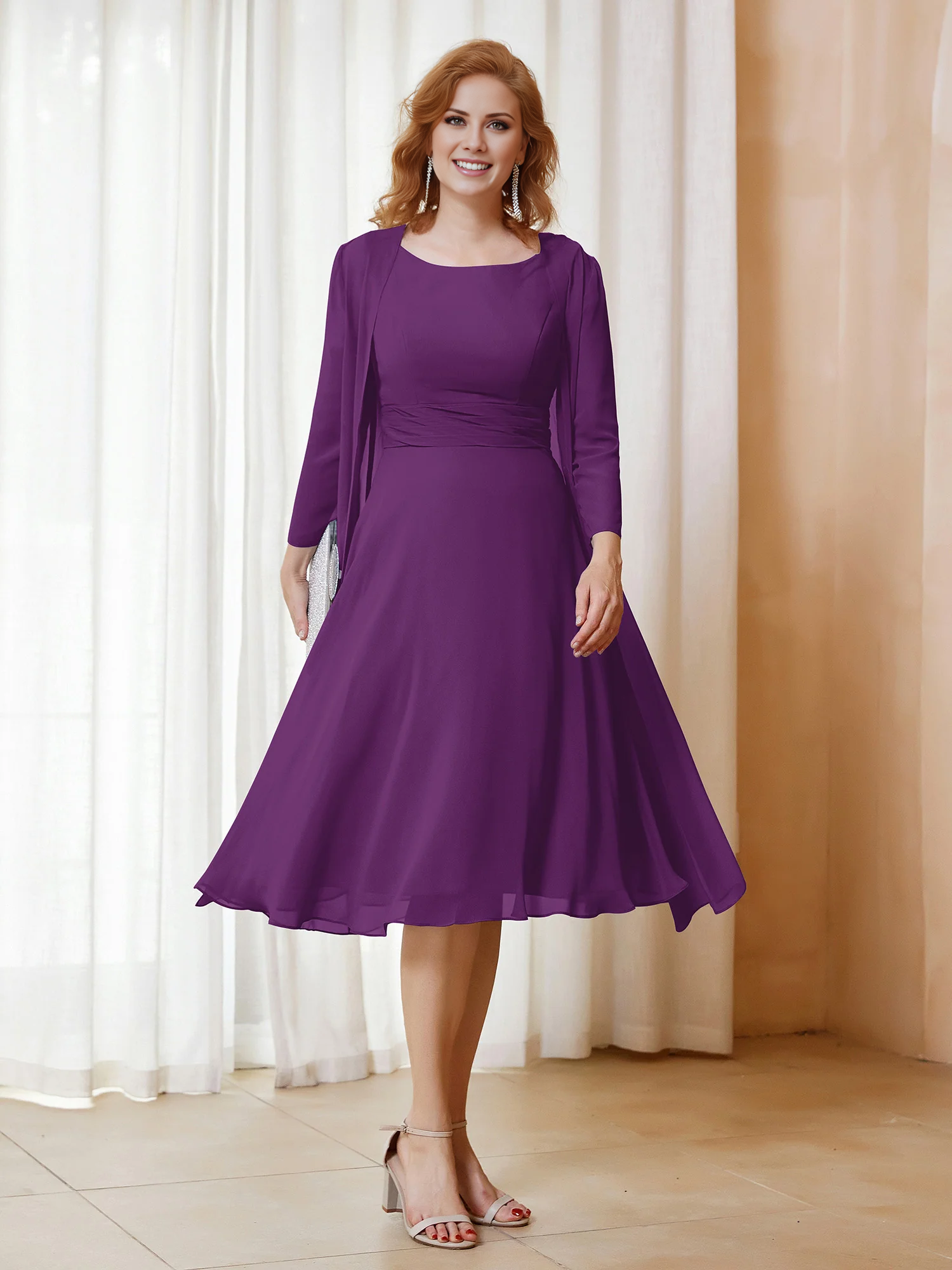 Dusty Blue Chiffon A-Line Tea-Length Evening Gown with Sheer Jacket