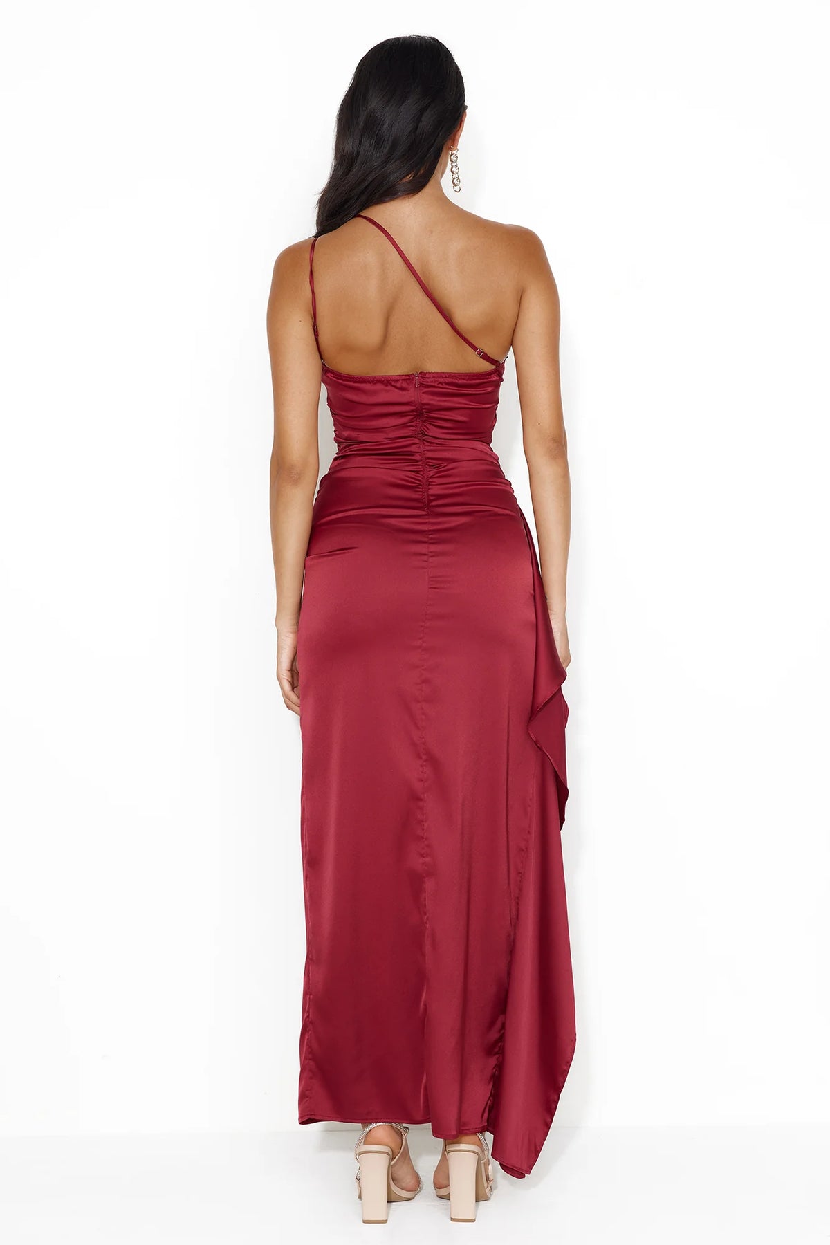 Vestido de fiesta Jimiss de satén con un solo hombro, espalda descubierta, abertura lateral y largo hasta el suelo
