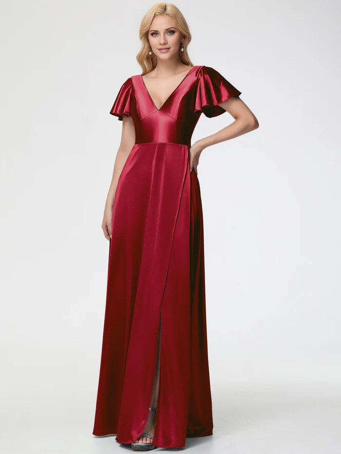 Vestido de fiesta de satén con escote en V profundo y mangas cortas de Jimiss