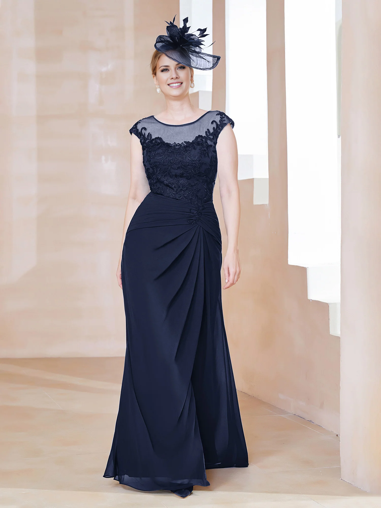 Dark Navy Chiffon A-Line Floor-Length Evening Dress with Illusion Neck and Draped Front