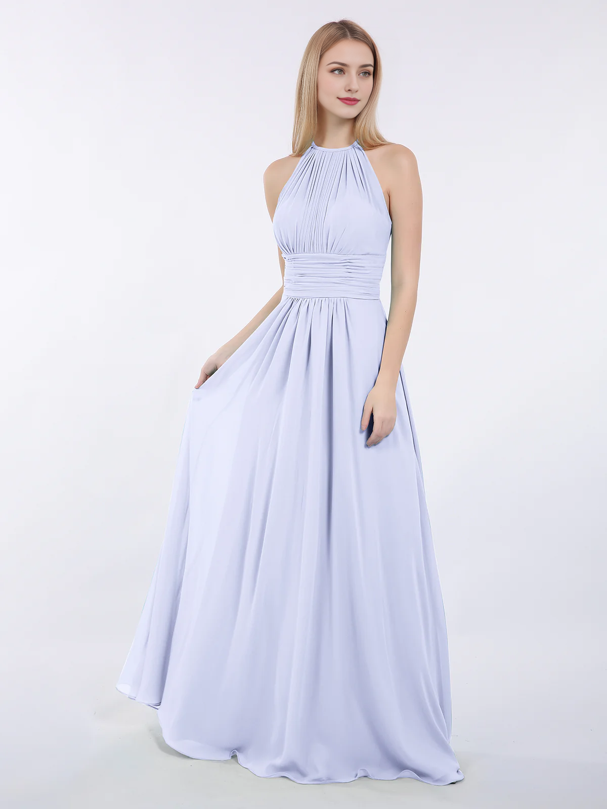 Mocha Chiffon A-Line Halter Neck Floor-Length Bridesmaid Dress with Pleated Bodice
