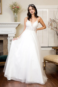 White A-Line V-Neck Floor-Length Evening Dress with Glitter Tulle Skirt