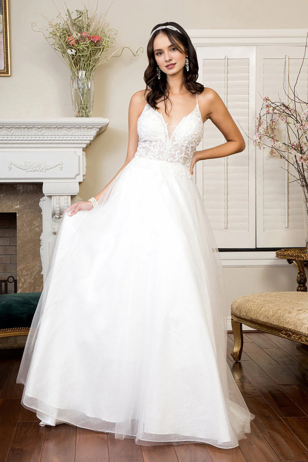 White A-Line V-Neck Floor-Length Evening Dress with Glitter Tulle Skirt