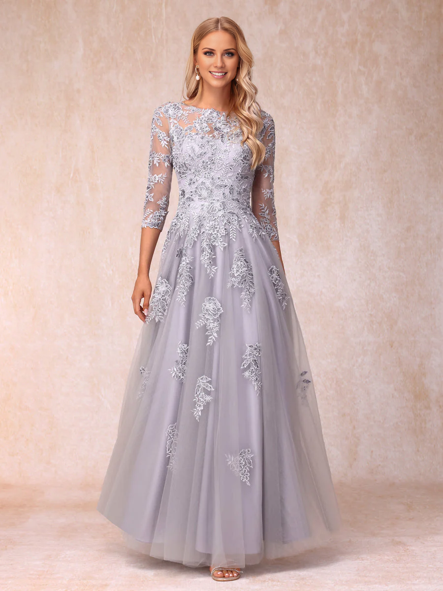 Silver Lace A-Line Floor-Length Evening Dress with Boat Neck & Back Zip