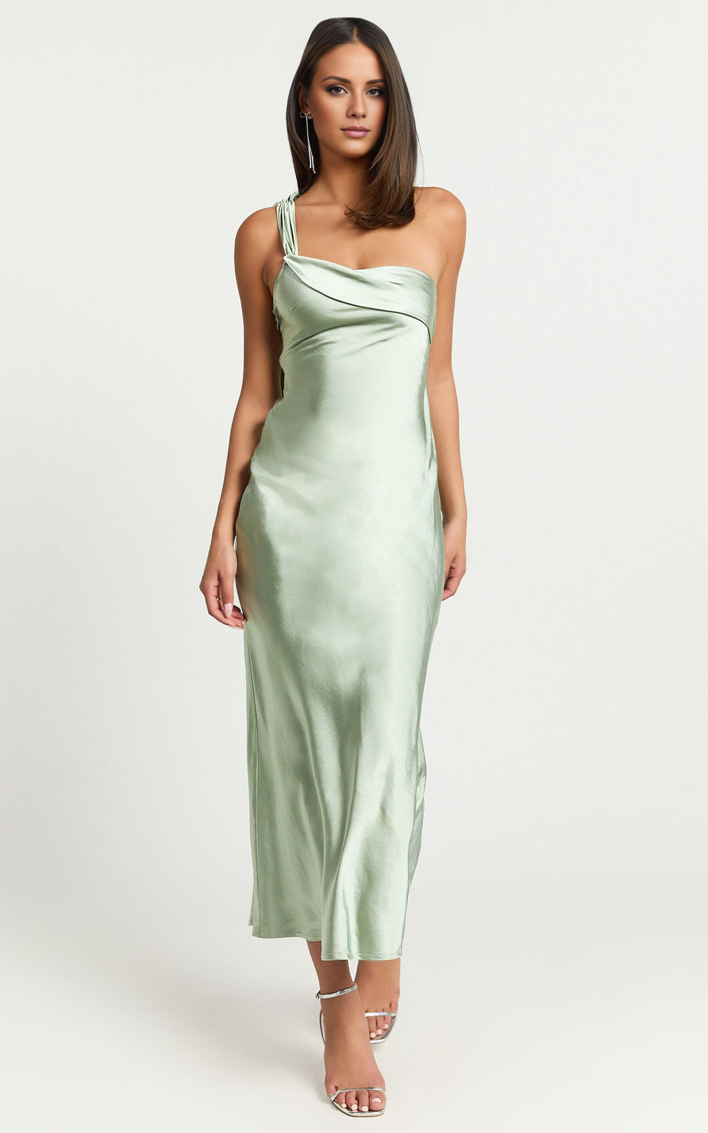 Sage Green Satin One Shoulder Cowl Neck Ankle-Length Bridesmaid Dress