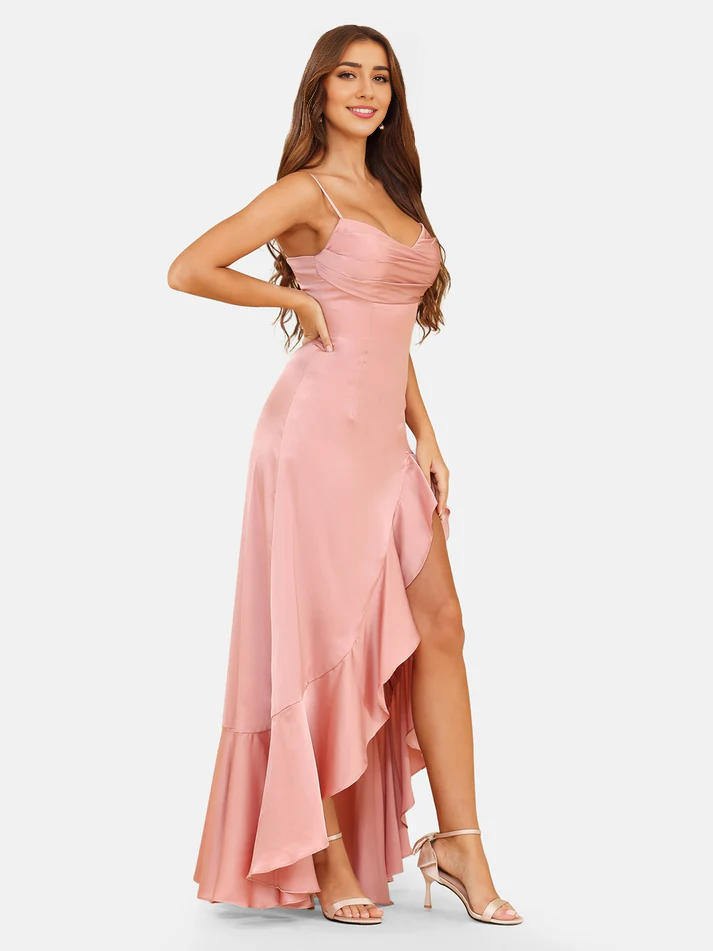 Satin Strapless Sweetheart Neckline Ruffled High-Low A-Line Floor-Length Blush Pink Bridesmaid Dresses