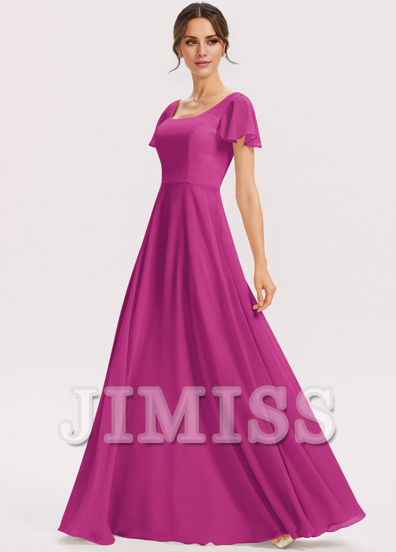 Vestido de dama de honor de gasa con volantes escalonados, corte A, cuadrado, largo hasta el suelo