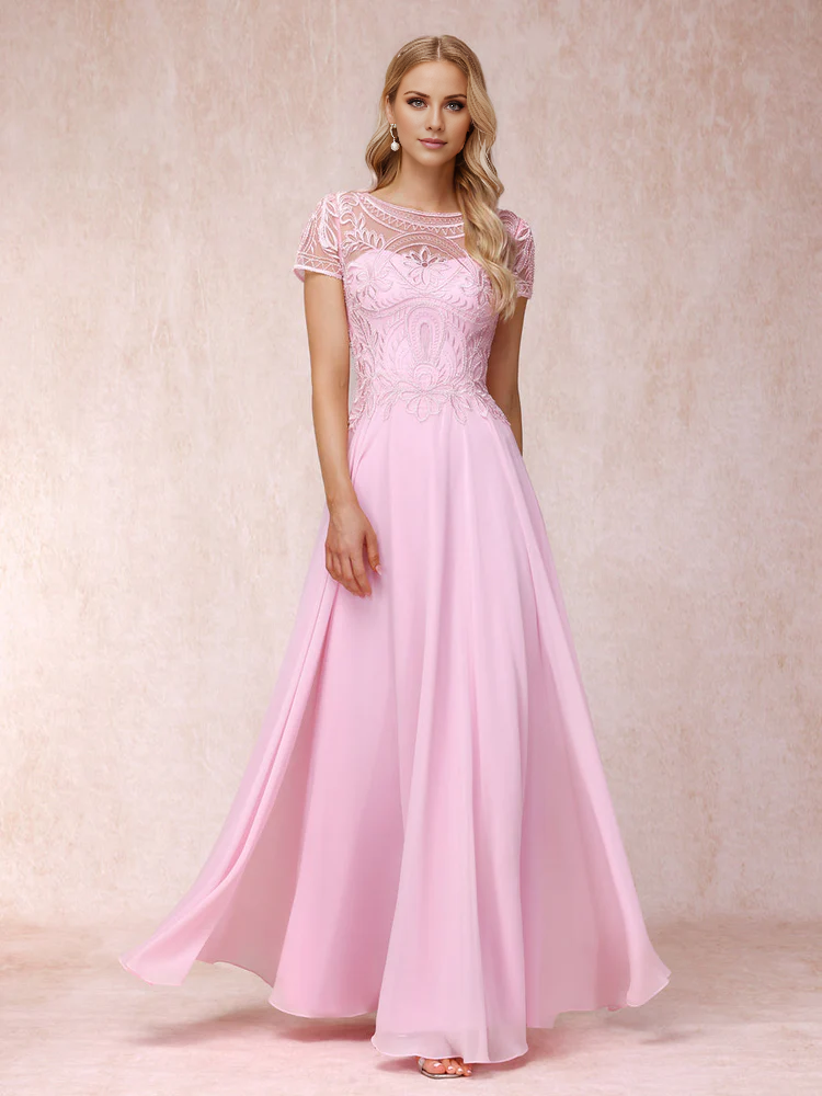 Pink Chiffon A-Line Bridesmaid Dress with Illusion Lace Bodice