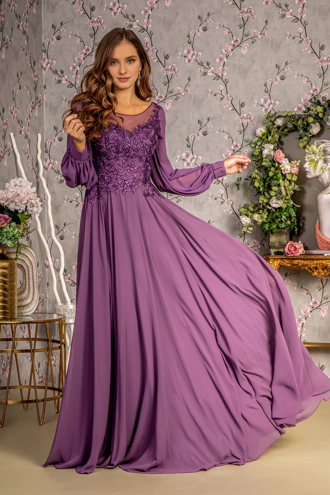 Lilac Chiffon A-Line Floor-Length Bridesmaid Dress with Embroidered Bodice and Bishop Sleeves