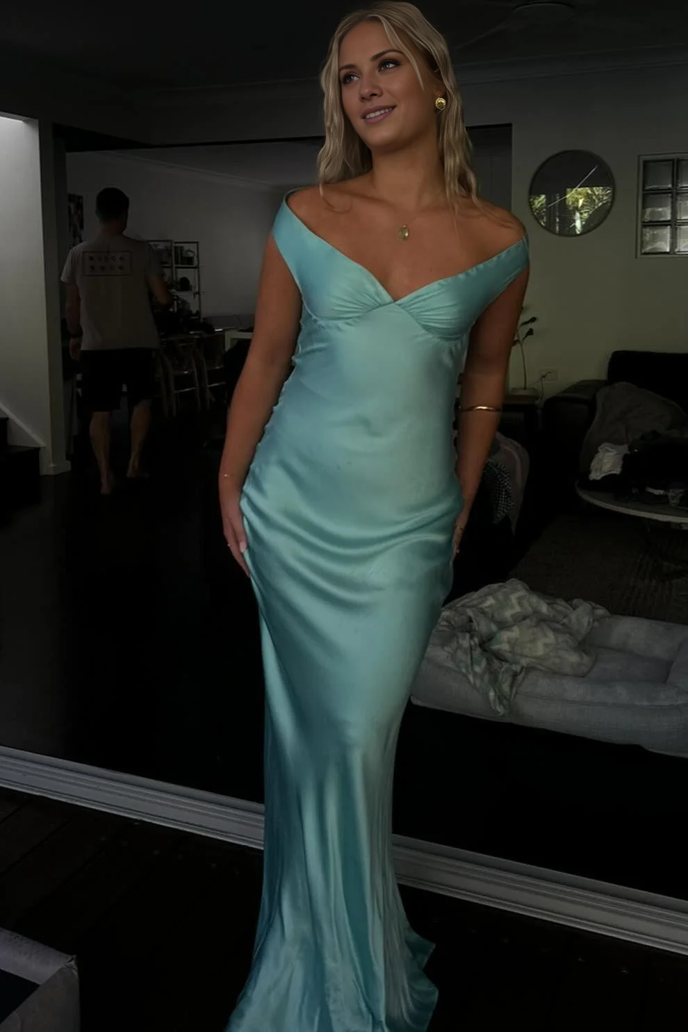 Mint Green Satin Off-the-Shoulder A-Line Floor-Length Bridesmaid Dress