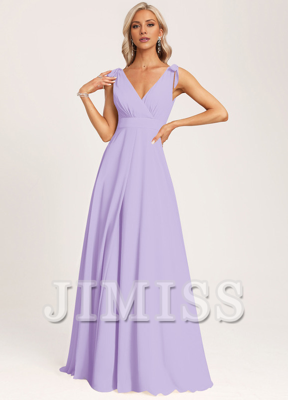 Vestido de dama de honor con escote en V y lazo de gasa en el fondo