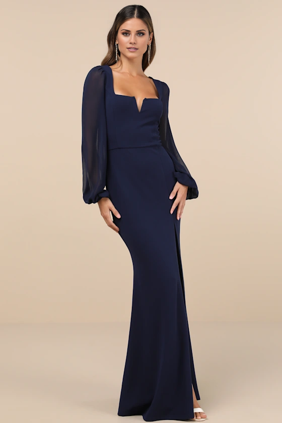 Jimiss V-neck long sleeved backless side slit and floor length evening dress