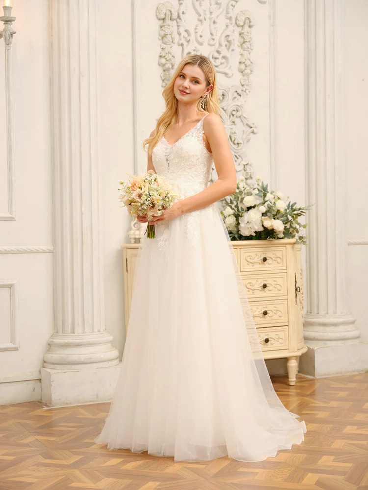 A-Line Floor-Length Bridesmaid Dress with V-Neck + Lace Bodice + Tulle Skirt