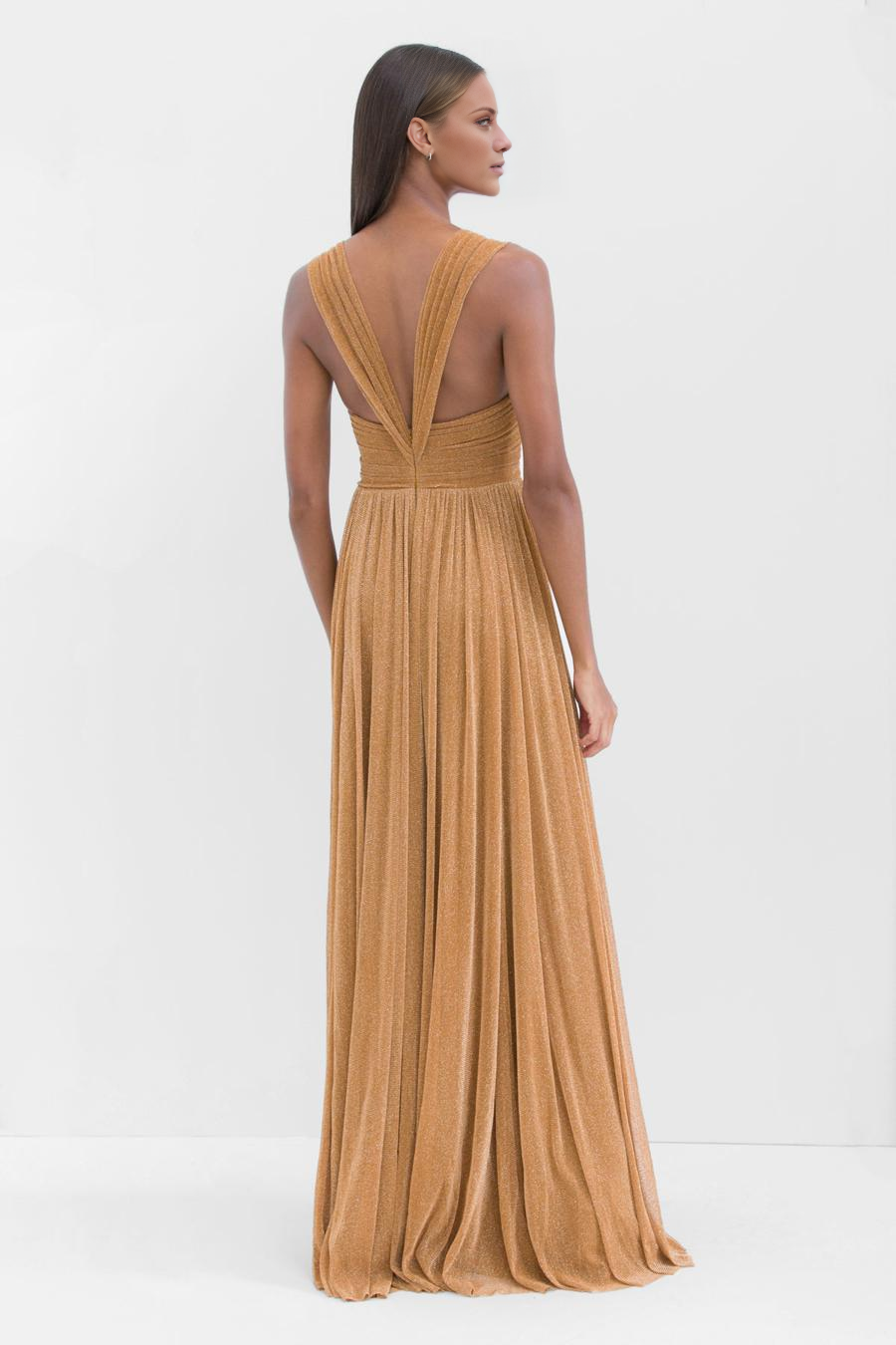 Vestido de noche Jimiss con hombros descubiertos, sin mangas, plisado, sin espalda y largo hasta el suelo