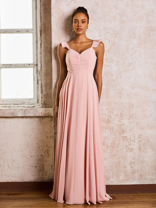 Chiffon Spaghetti-Strap Sweetheart Neckline Ruched Bodice A-Line Floor-Length Bridesmaid Dresses