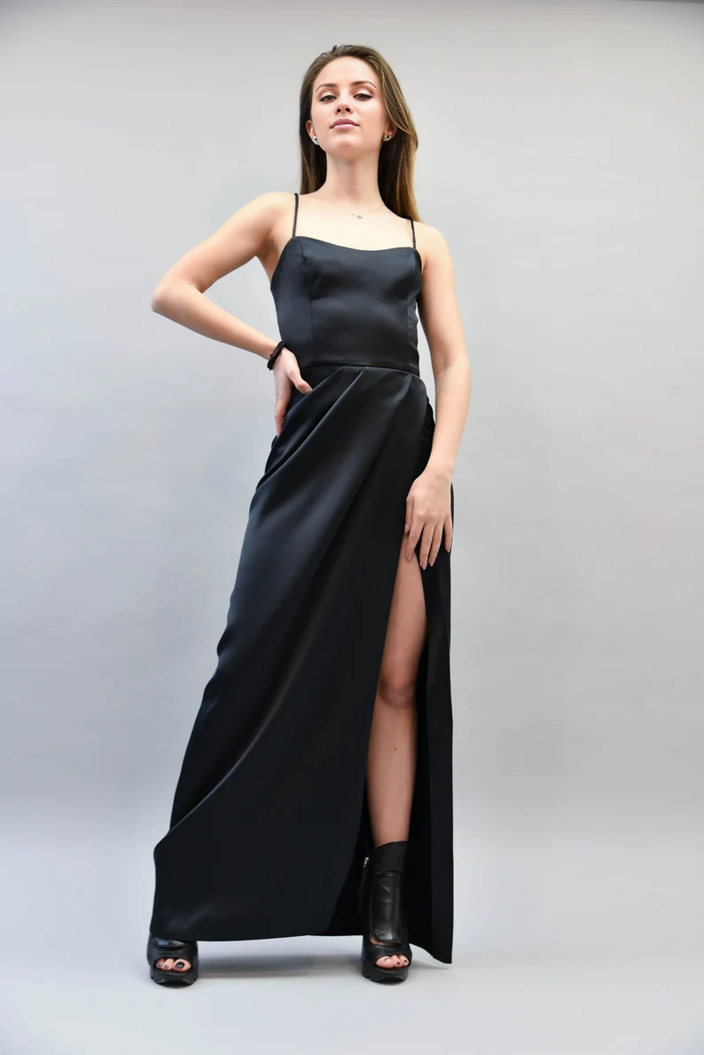 Jimiss - Vestido de fiesta largo hasta el suelo, sin mangas, con tirantes finos y hombros descubiertos, abertura lateral 