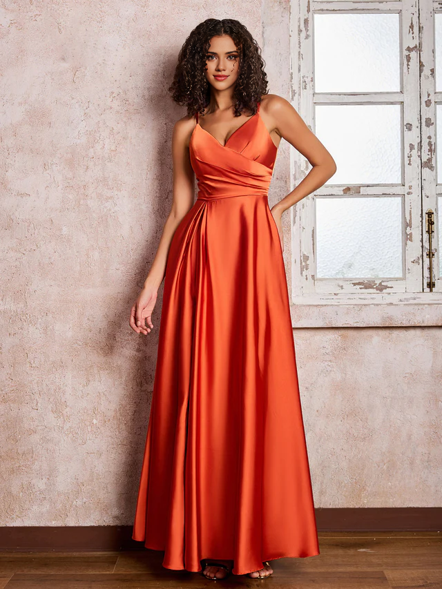 Satin Spaghetti-Strap Deep V-Neck Ruched Bodice High-Slit A-Line Floor-Length Bridesmaid Dresses