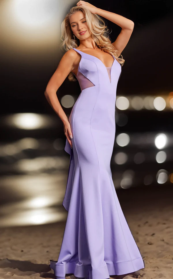 Deep V-mesh collar sleeveless ruffled mermaid and floor length Prom dress