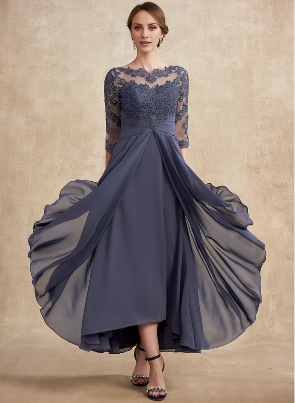 Slate Blue Chiffon A-Line Asymmetrical Evening Dress with Lace Bodice and Boat Neck
