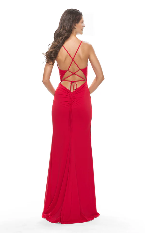 Vestido de fiesta largo hasta el suelo, sin mangas, con escote en V profundo y tirantes finos, abertura lateral