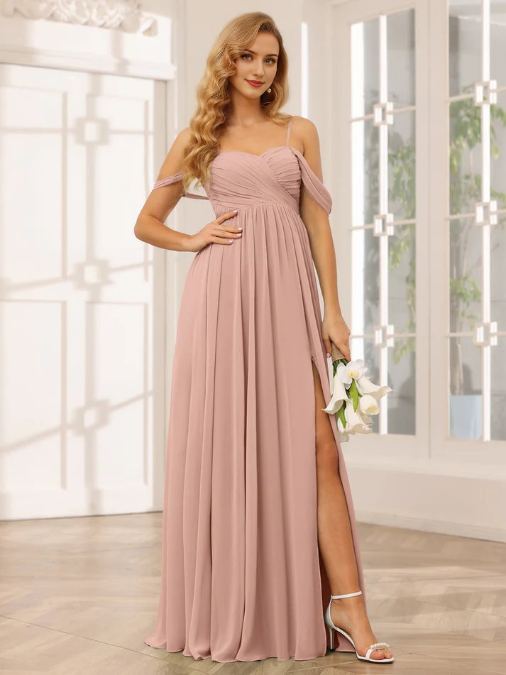 Chiffon Off-Shoulder Sweetheart Neckline Ruched Bodice High-Slit A-Line Floor-Length Sage Green Bridesmaid Dresses