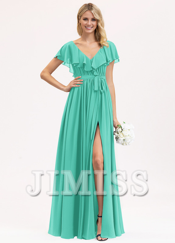 Abito da damigella d'onore in chiffon con scollo a V, lunghezza al pavimento, balze a balze e fiocco