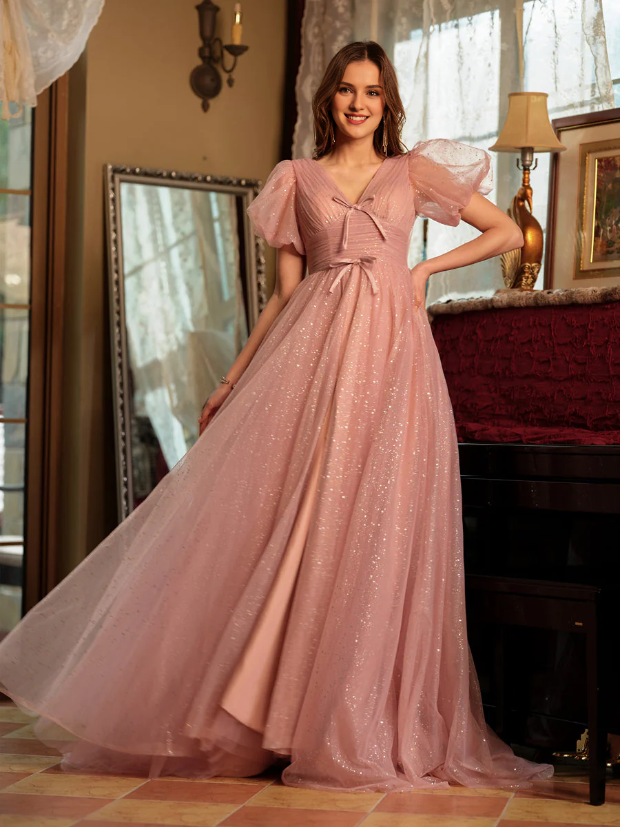 Vestido de baile largo con lazo y abertura en forma de A, estilo princesa, escote en V