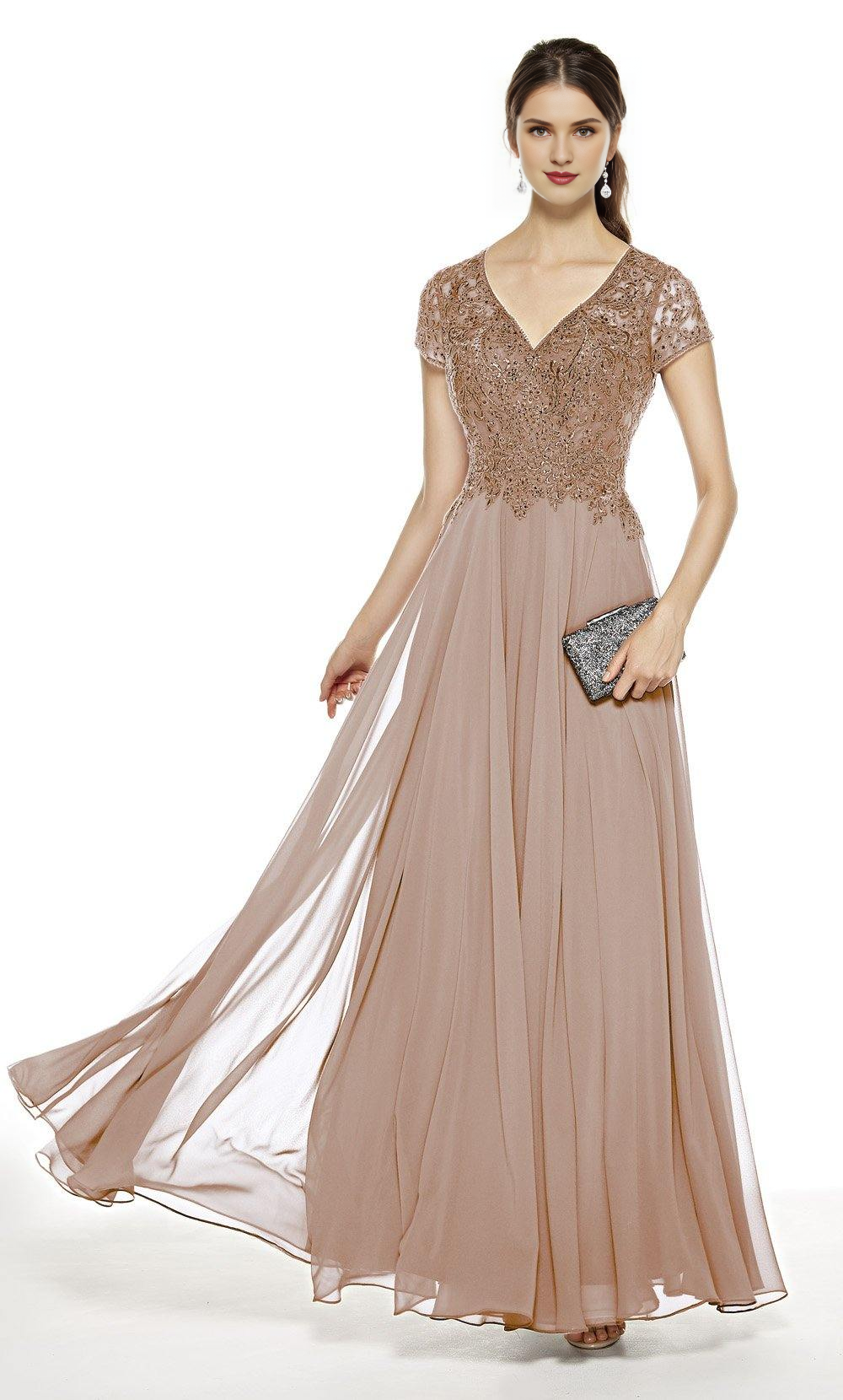 Burgundy Lace A-Line Floor-Length Bridesmaid Dress with V-Neck & Short Sleeves