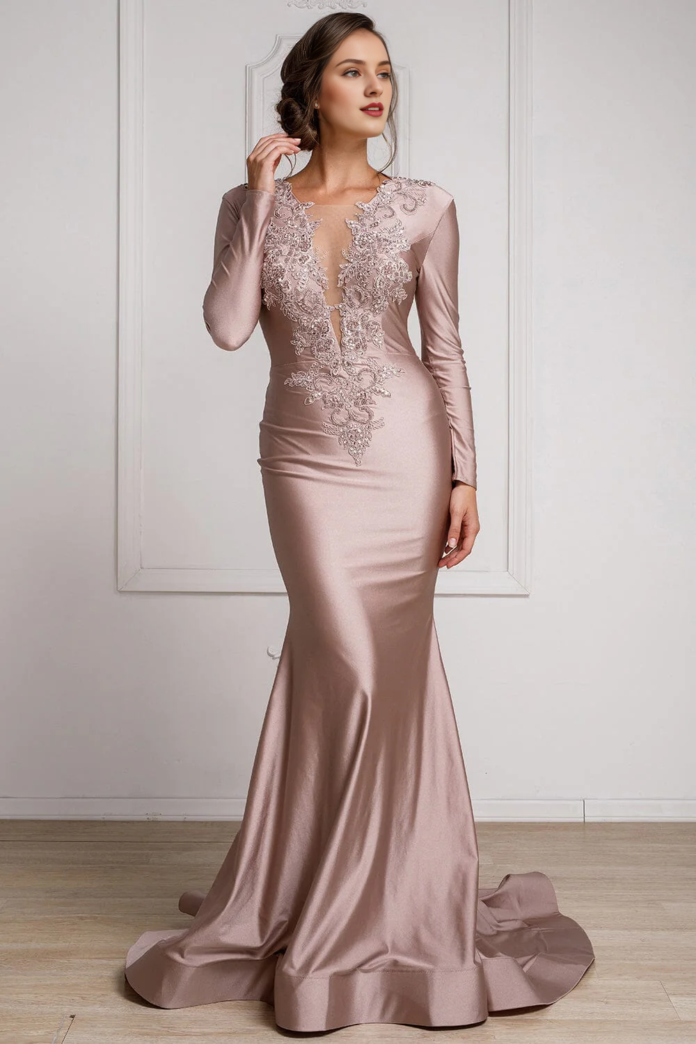 Embroidered applique long sleeved transparent V-neck dress