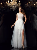 Vestidos largos de tul con corte A/princesa, escote redondo, mangas cortas y abalorios