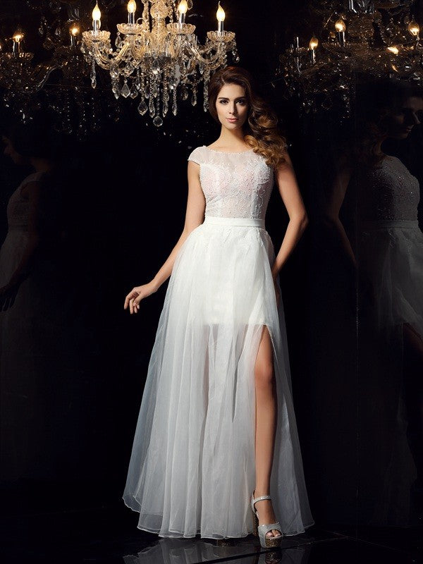 White Lace Tulle A-Line Floor-Length Gown with Boat Neck