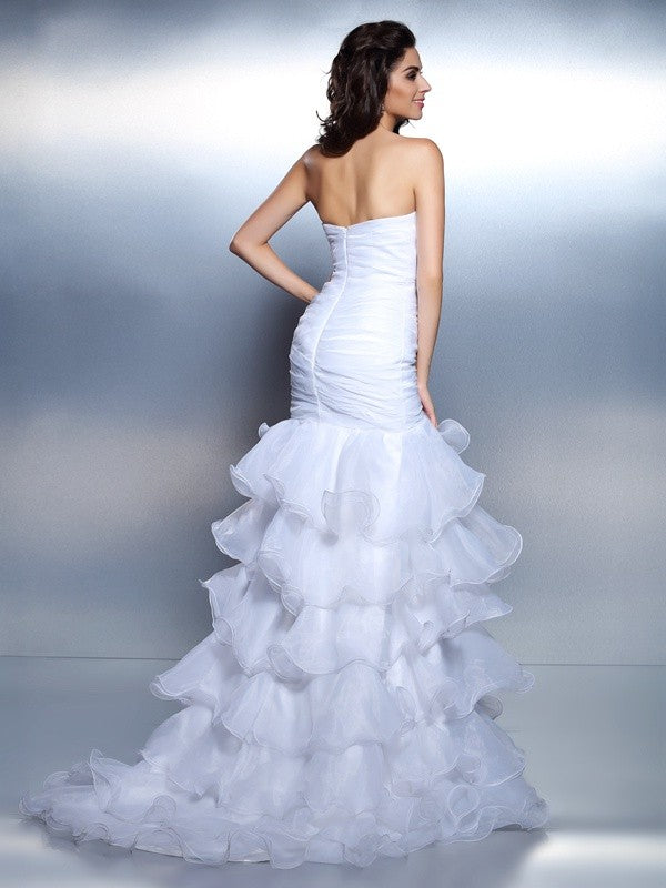 Trumpet/Mermaid Strapless Beading Ruched Sleeveless Long Organza Dresses