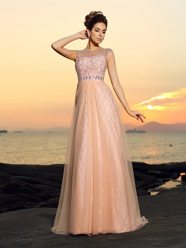 Vestidos largos de gasa sin mangas con encaje barco y corte princesa/corte A