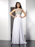 Elegant White Chiffon A-Line Gown with Embellished Illusion Neckline