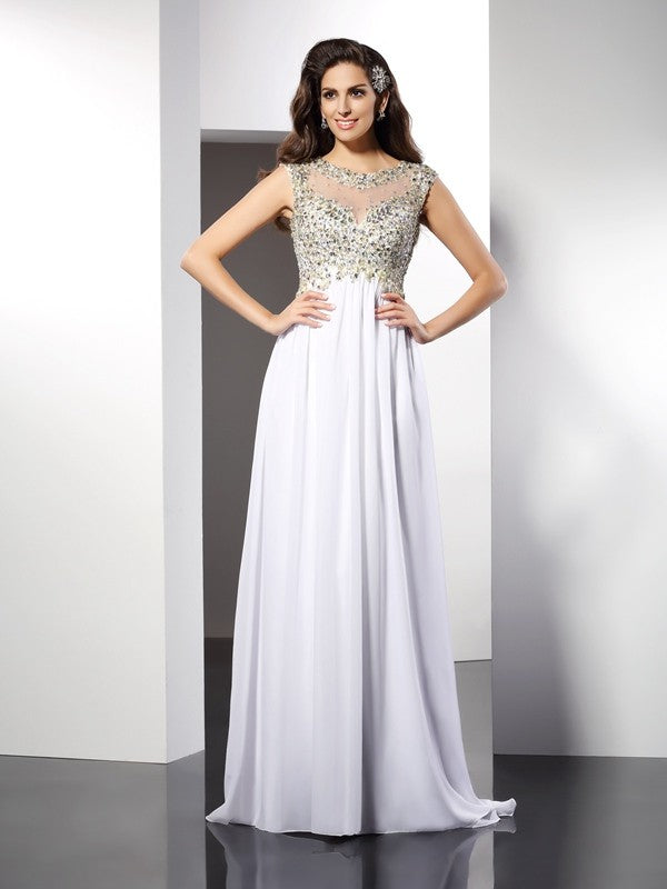 Elegant White Chiffon A-Line Gown with Embellished Illusion Neckline