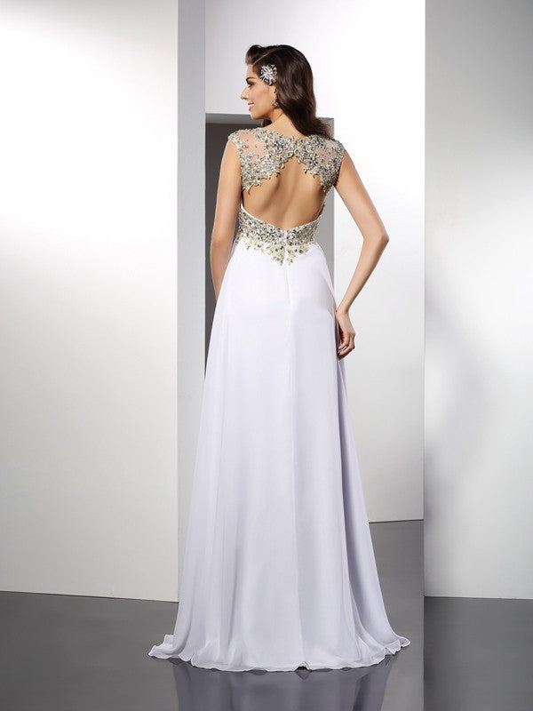 Elegant White Chiffon A-Line Gown with Embellished Illusion Neckline