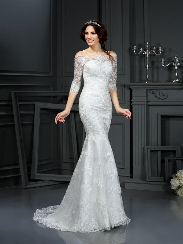 Ivory Lace Mermaid Off-the-Shoulder Floor-Length Dress