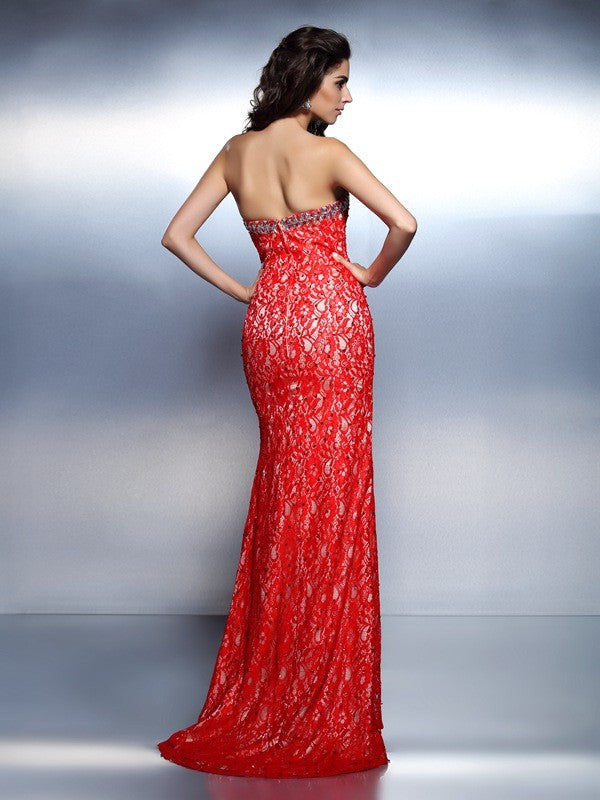 Trumpet/Mermaid Sweetheart Beading Sleeveless Long Lace Dresses