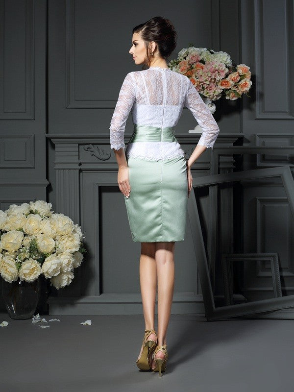 Vestido corto de satén para madre de la novia, con escote en V, encaje, mangas 1/2 y corte tubo/columna