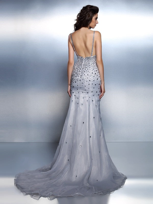 Trumpet/Mermaid Spaghetti Straps Rhinestone Sleeveless Long Organza Dresses